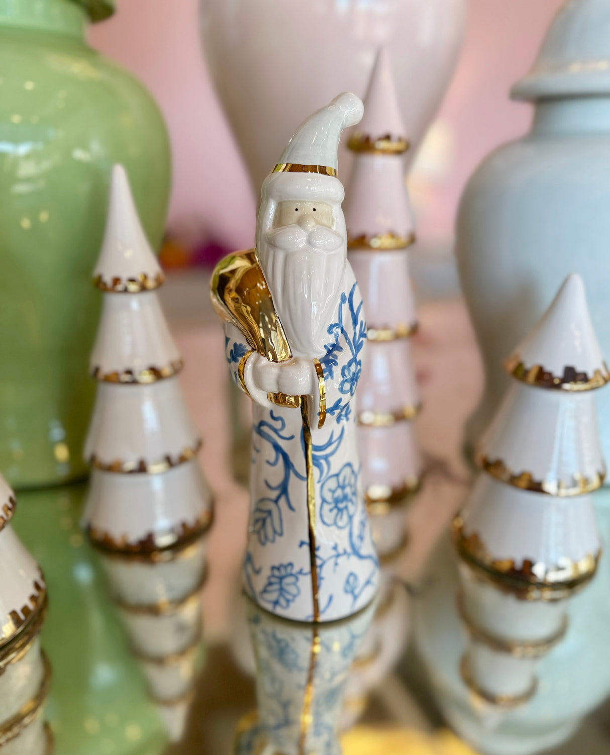 LIMITED! Hand Painted Chinoiserie Blue Santa with 22K Gold Accents