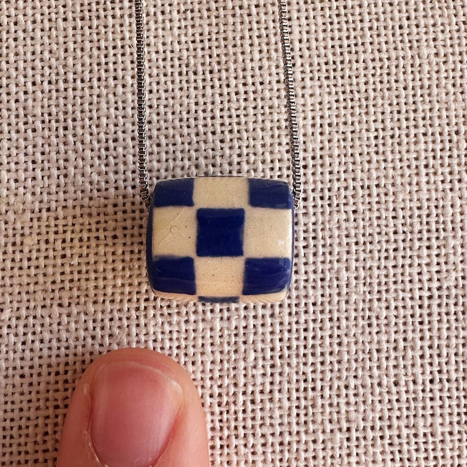 Royal Blue Checkered Ceramic Charm Necklace | Terra Clay Co.
