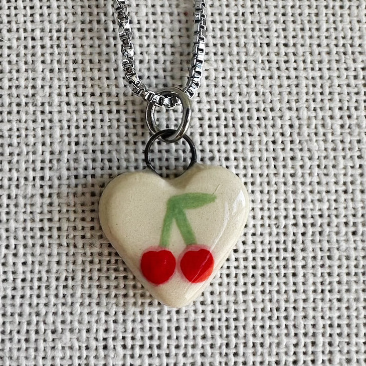 Cherry Heart Ceramic Charm Necklace | Terra Clay Co.