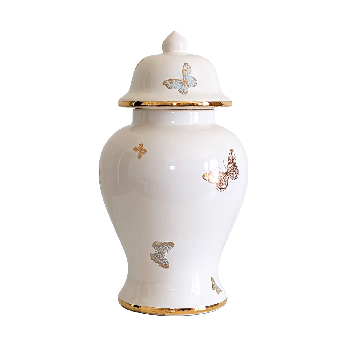 A medium white ginger jar with gold trim and details and hand painted butterflies.