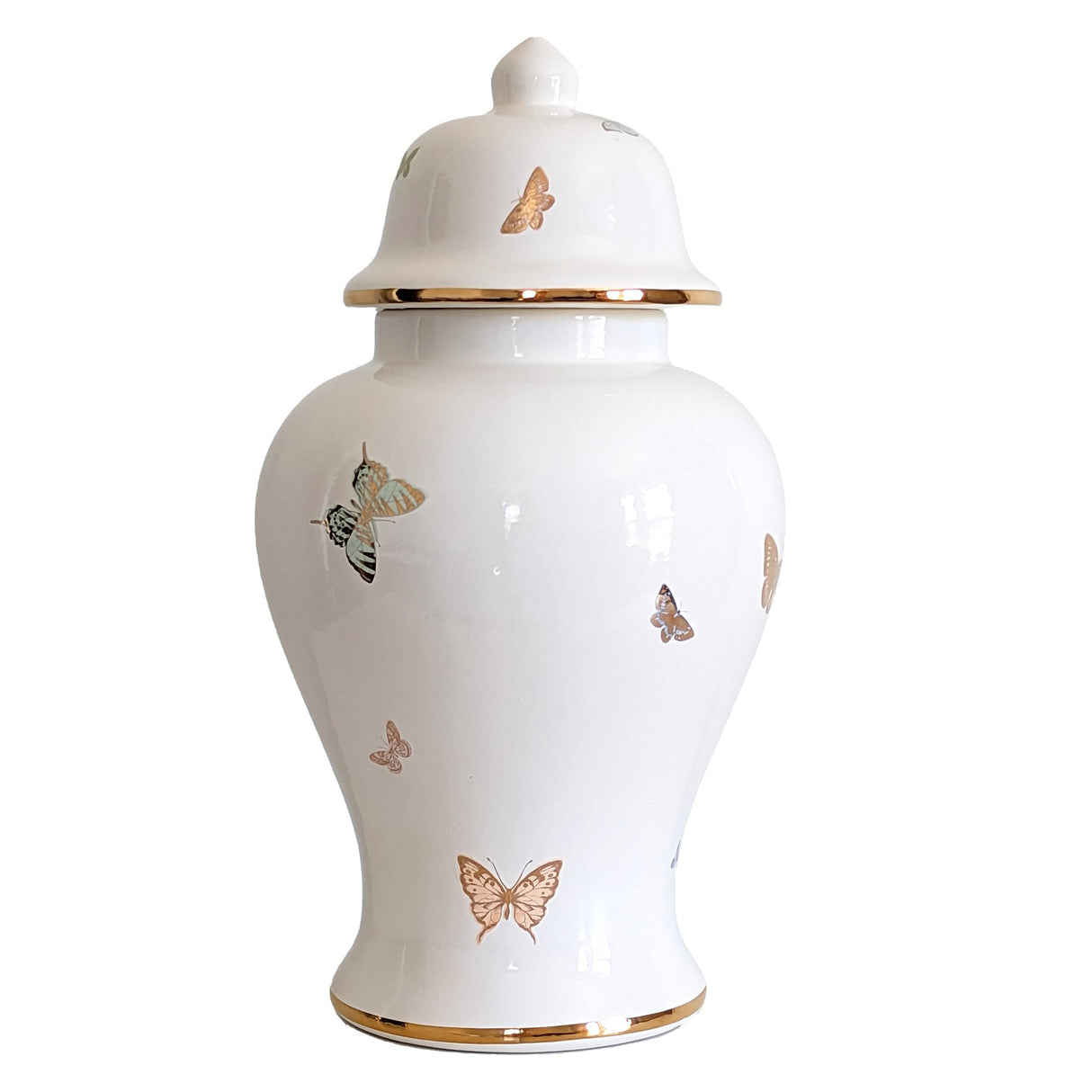 A large white ceramic ginger jar with gold trim, hand painted butterflies, and more gold details.