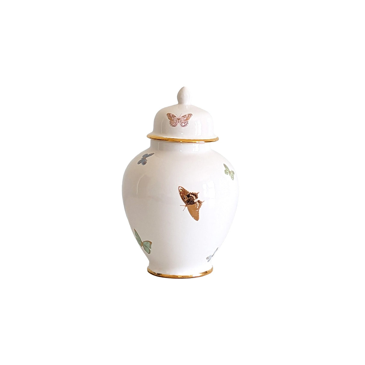 A small white, ceramic ginger jar with gold trim and details and hand painted butterflies in various colors and sizes.