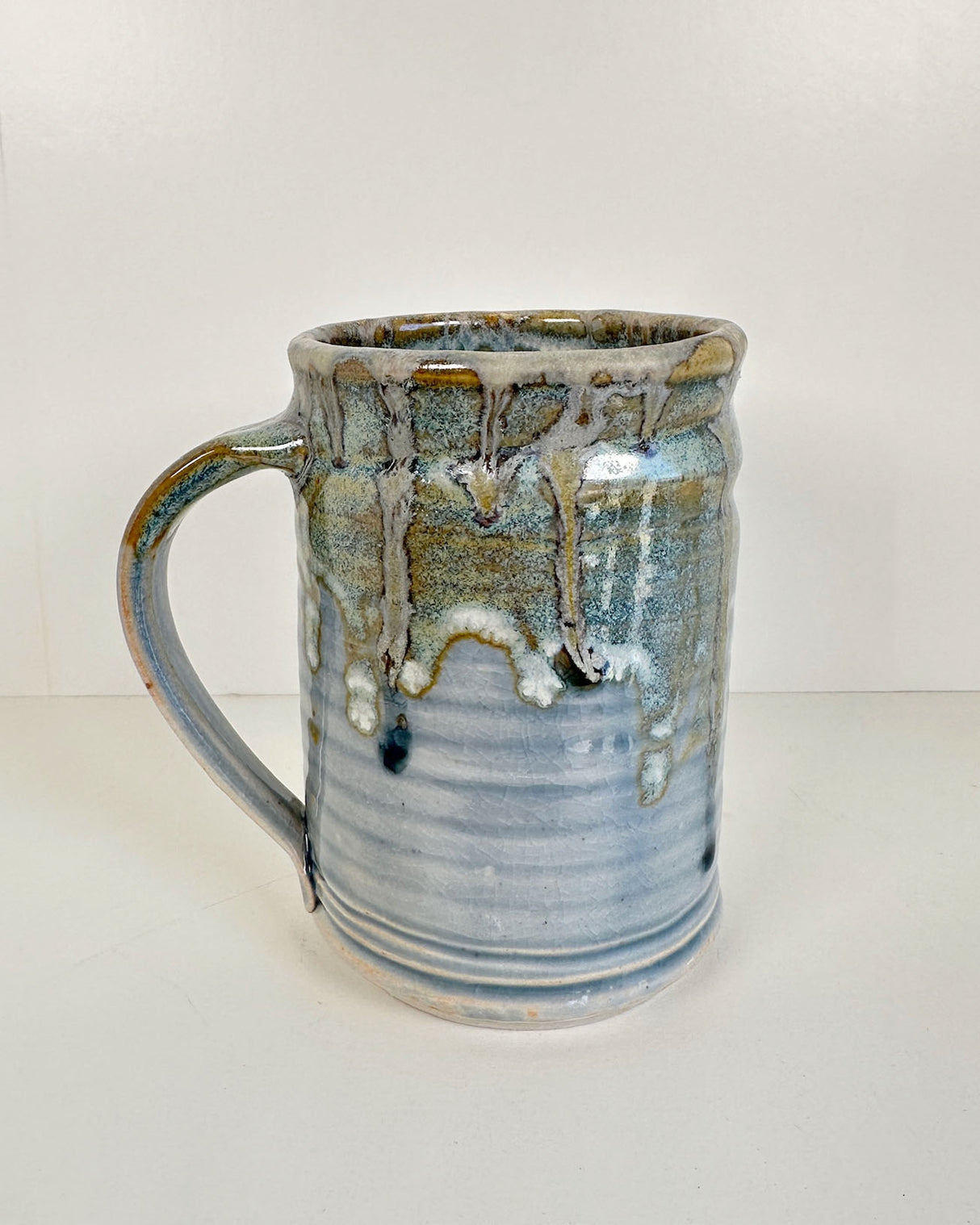 Ribbed Blue and Dripping Green Stoneware Mug | Lowell Baker