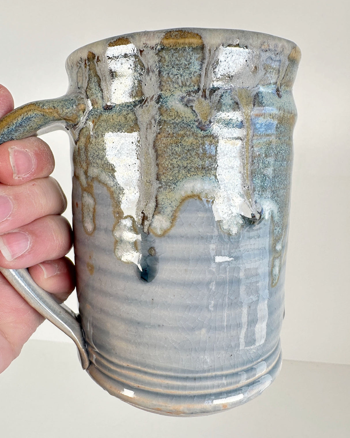 Ribbed Blue and Dripping Green Stoneware Mug | Lowell Baker