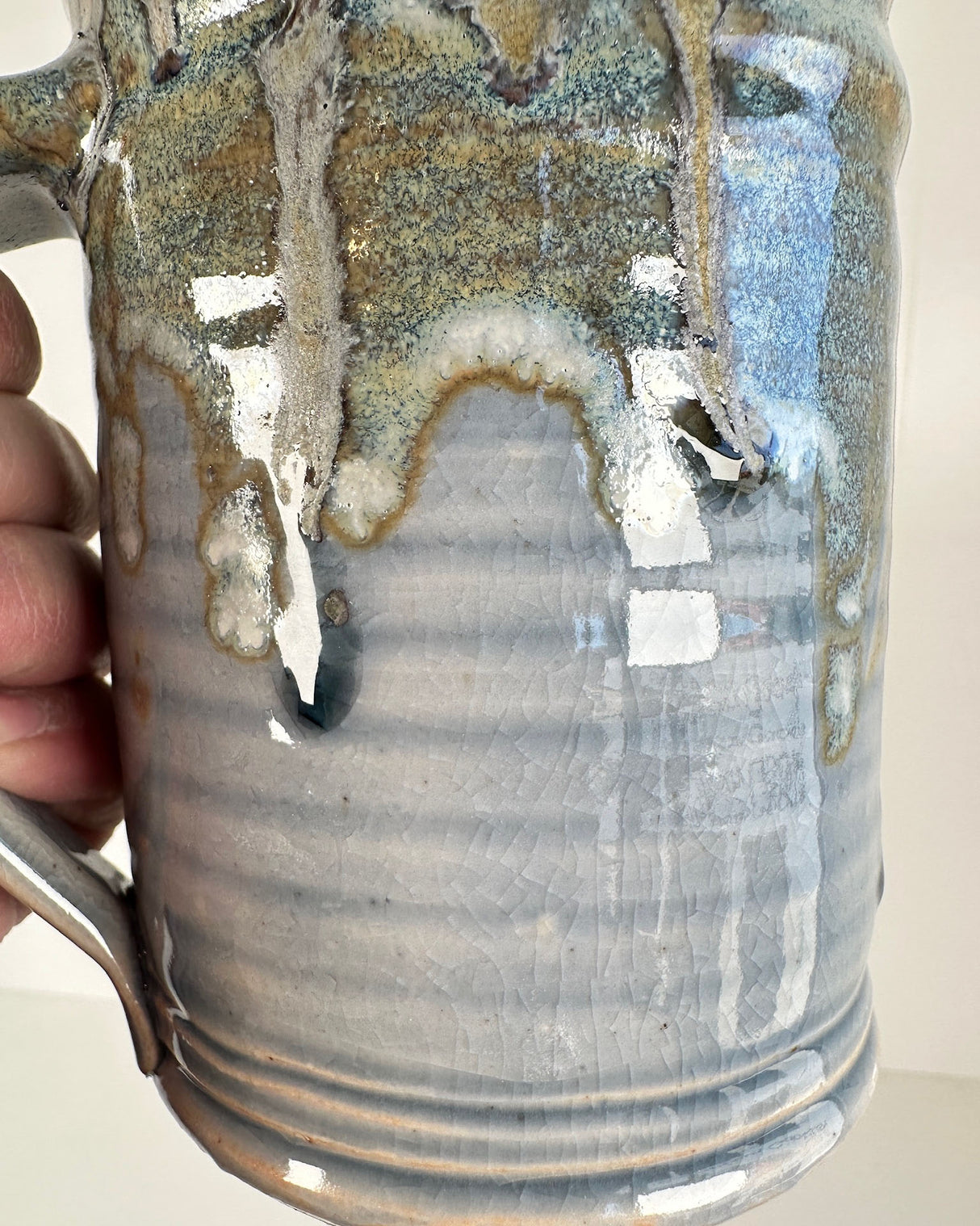 Ribbed Blue and Dripping Green Stoneware Mug | Lowell Baker