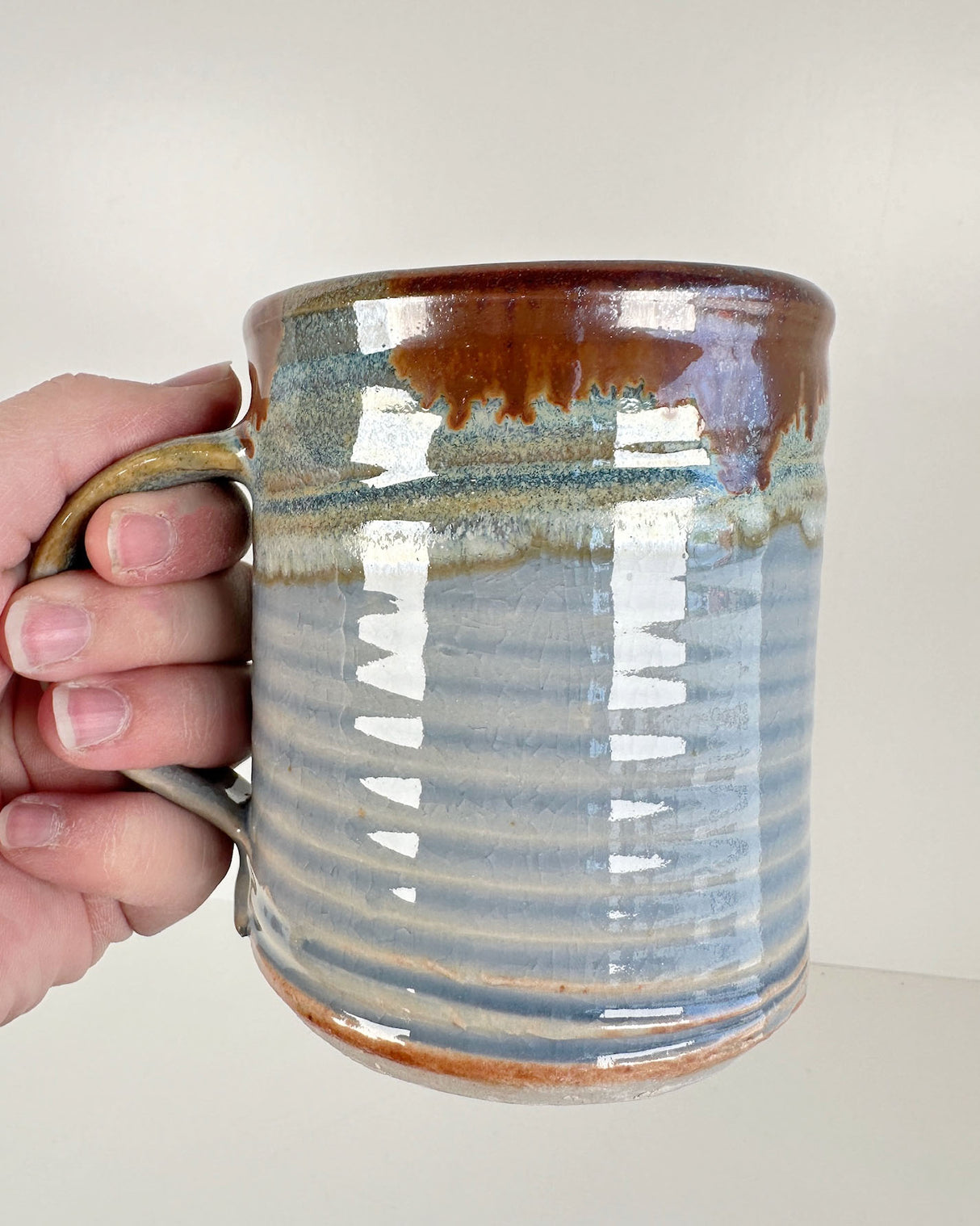 Ribbed Pale Blue and Rich Rust Red Stoneware Mug | Lowell Baker