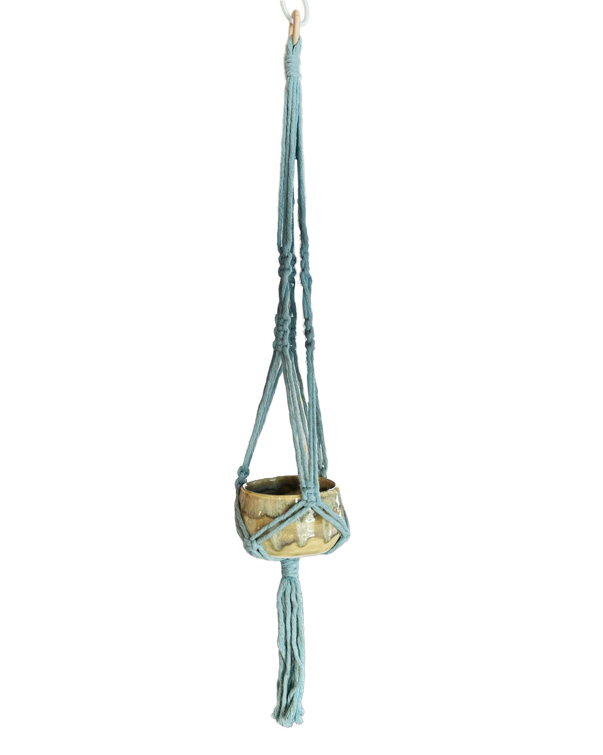 Creamy Yellow Stoneware Planter with Blue Macrame Hanger | Lucinda Meglemre
