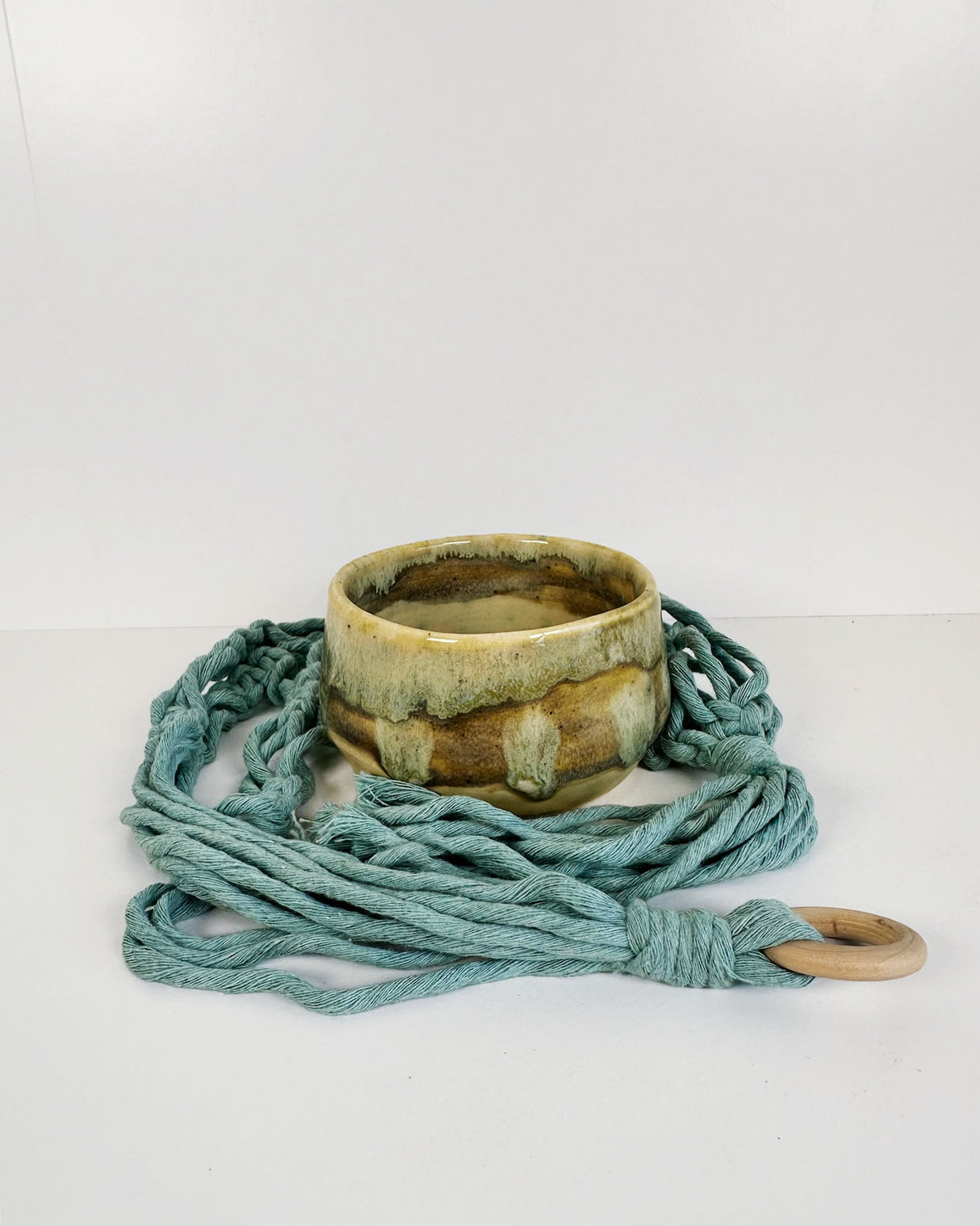 Creamy Yellow Stoneware Planter with Blue Macrame Hanger | Lucinda Meglemre