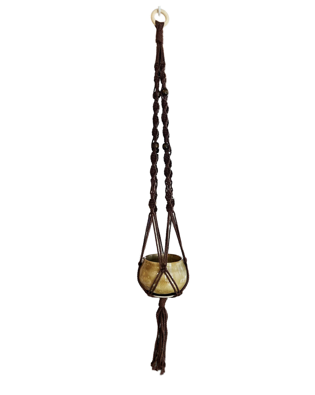 Tan-Yellow Stoneware Planter with Brown Macrame Hanger | Lucinda Meglemre