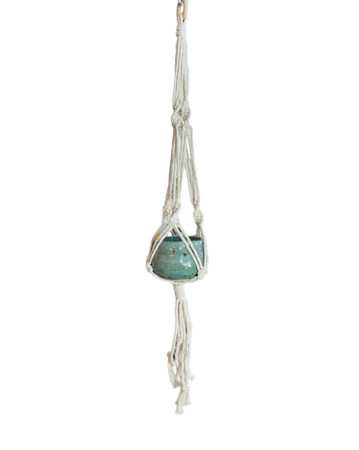 Speckled Turquoise Stoneware Planter with White Macrame Hanger | Lucinda Meglemre