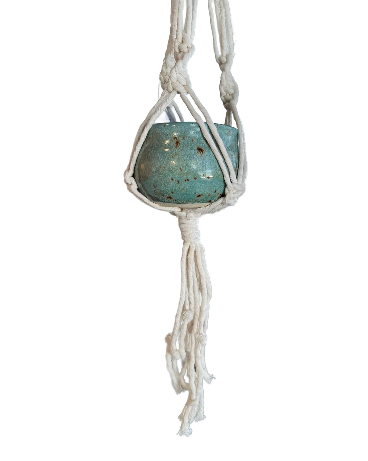 Speckled Turquoise Stoneware Planter with White Macrame Hanger | Lucinda Meglemre