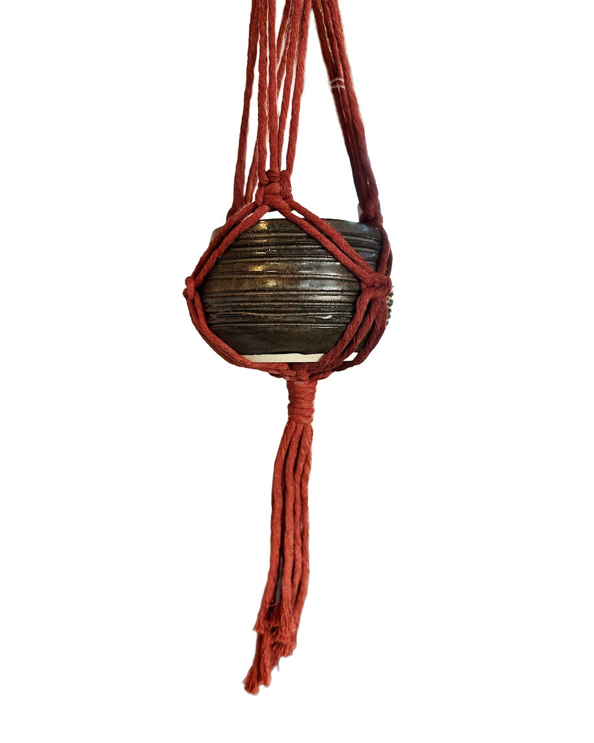 Ridged Deep Brown Stoneware Planter with Red Macrame Hanger | Lucinda Meglemre