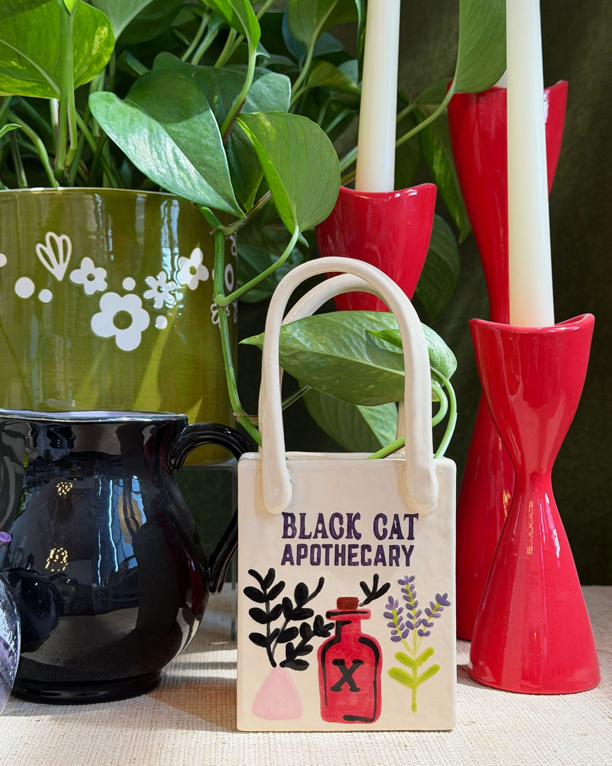 Black Cat Apothecary Tote Bag Vase Featuring Handpainted Artwork