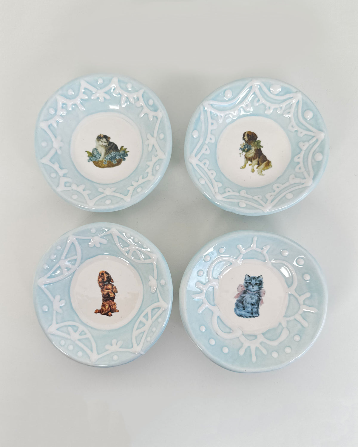 Lacey Light Blue Dishes Featuring Vintage Artwork and a Hook for Hanging | Jessica Walker