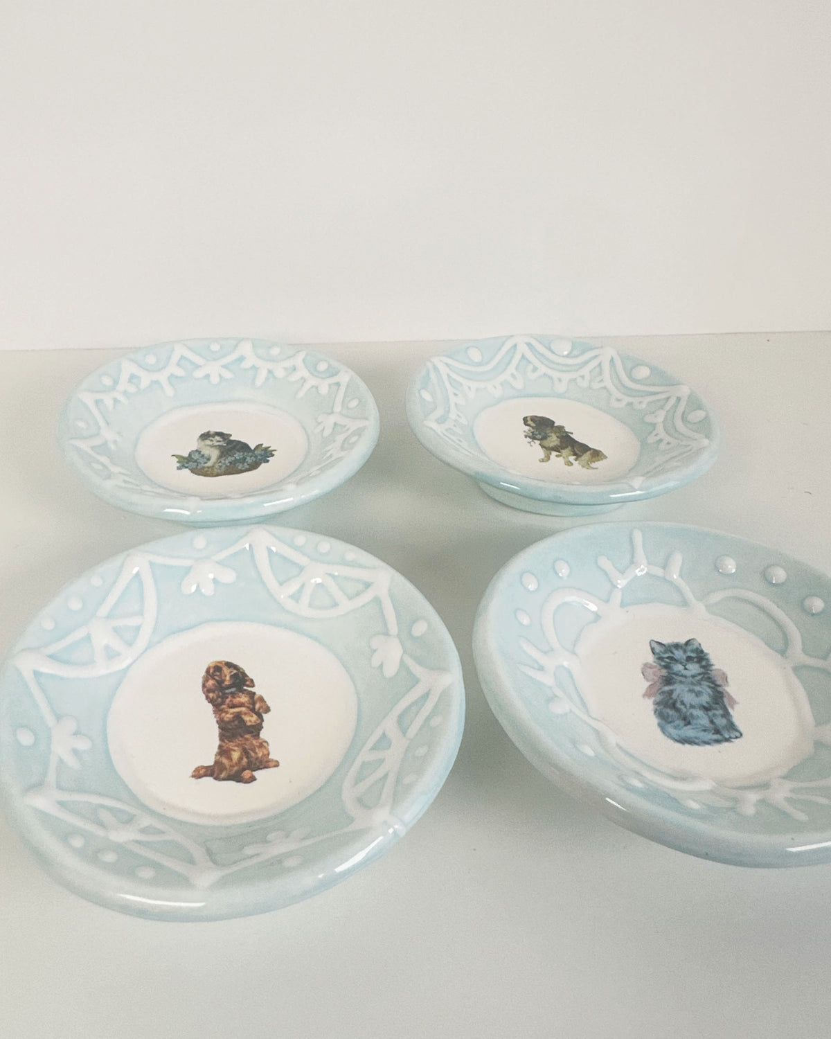 Lacey Light Blue Dishes Featuring Vintage Artwork and a Hook for Hanging | Jessica Walker