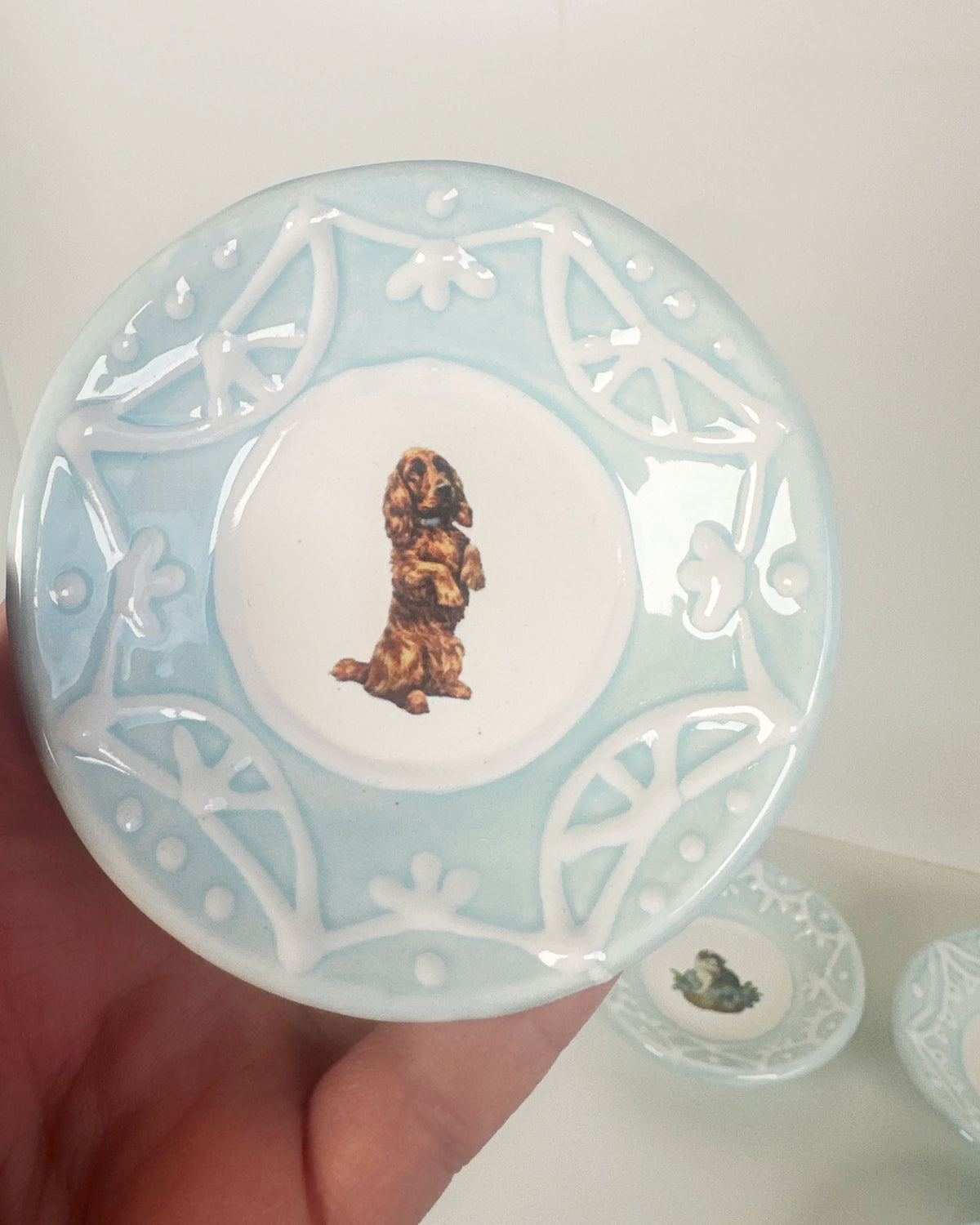 Lacey Light Blue Dishes Featuring Vintage Artwork and a Hook for Hanging | Jessica Walker