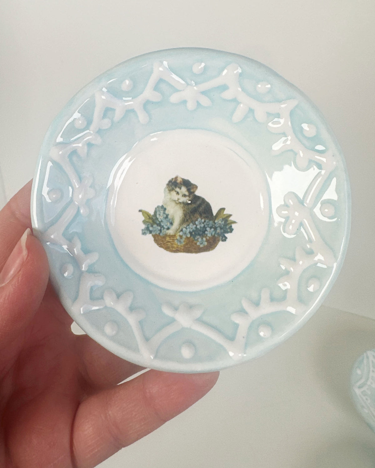 Lacey Light Blue Dishes Featuring Vintage Artwork and a Hook for Hanging | Jessica Walker