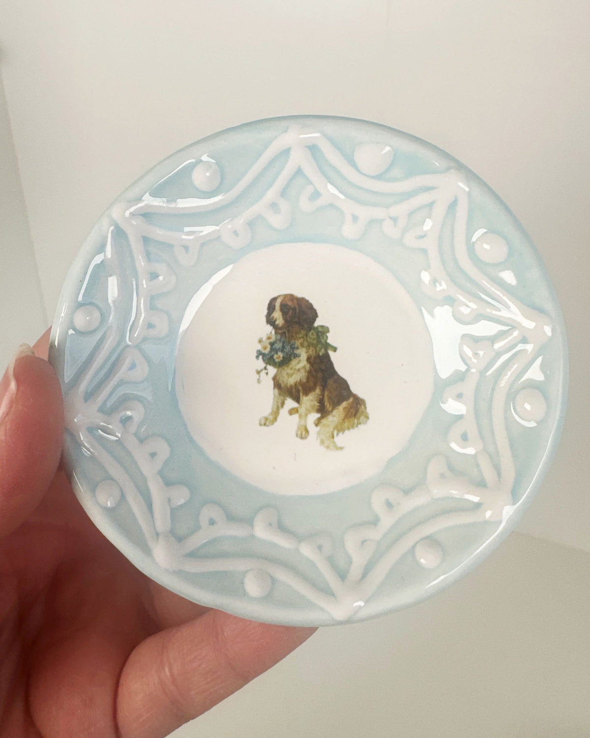 Lacey Light Blue Dishes Featuring Vintage Artwork and a Hook for Hanging | Jessica Walker
