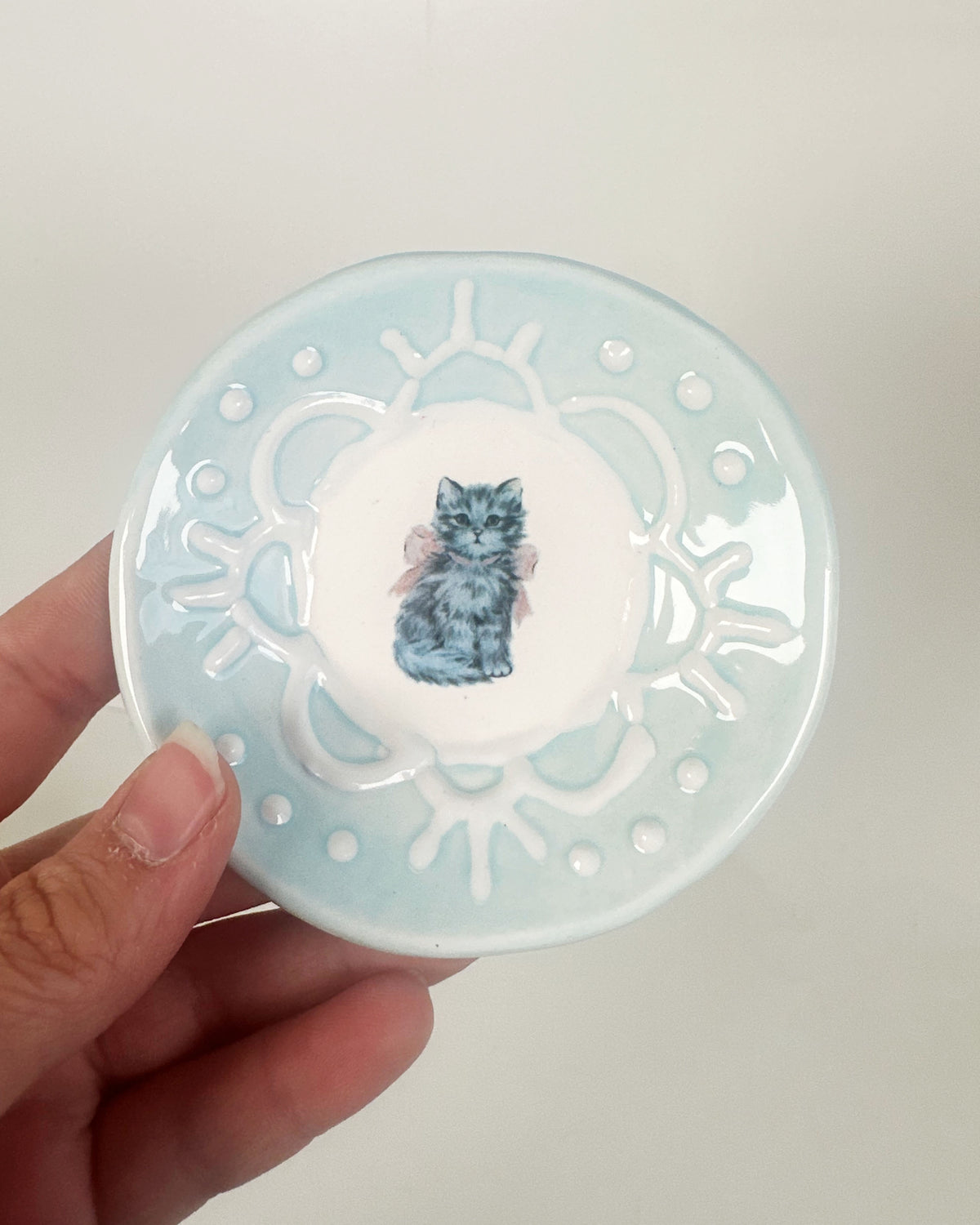 Lacey Light Blue Dishes Featuring Vintage Artwork and a Hook for Hanging | Jessica Walker