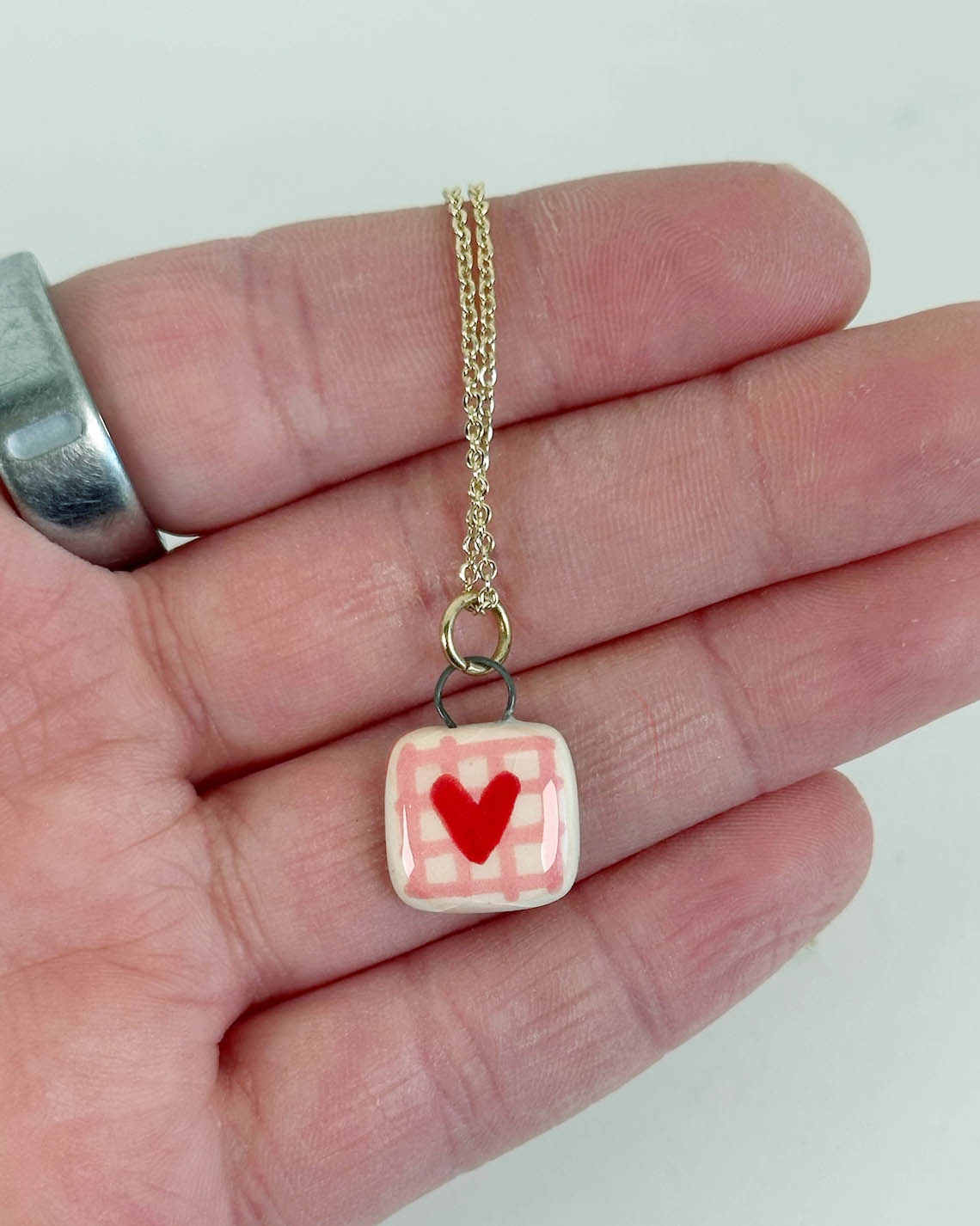 Gridded Red Heart Ceramic Charm Necklace | Terra Clay Co.
