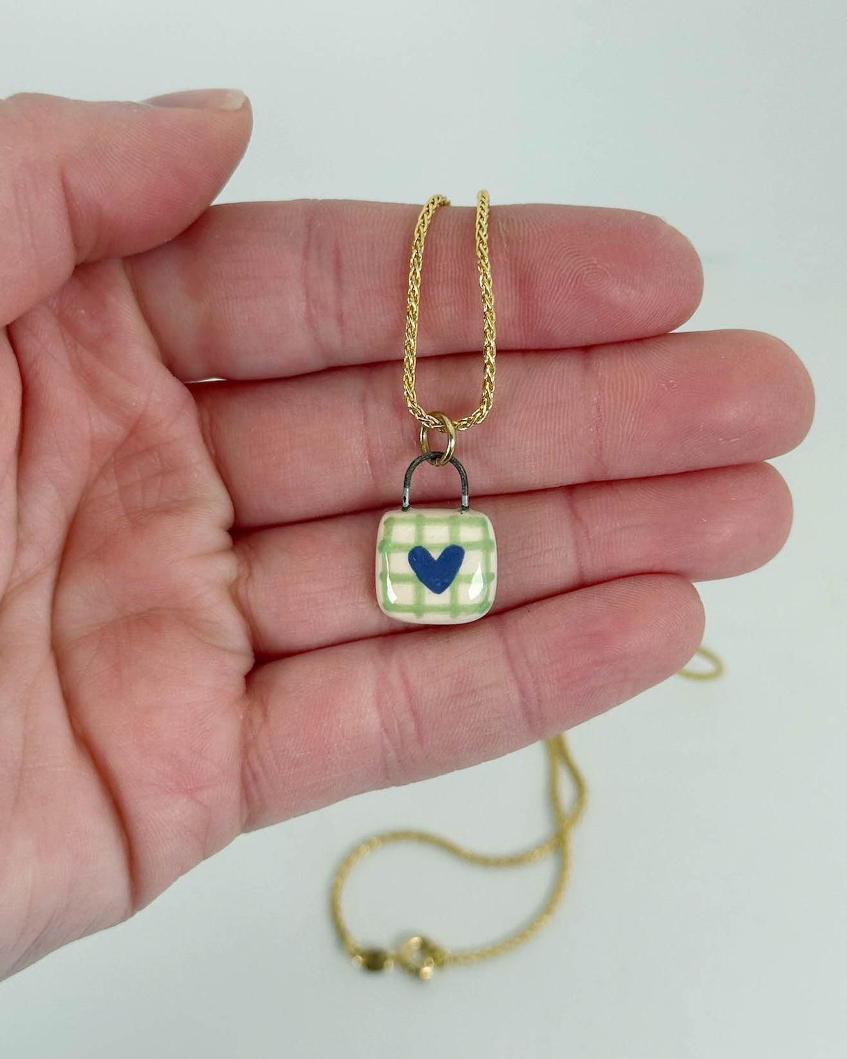 Gridded Green Heart Ceramic Charm Necklace | Terra Clay Co.