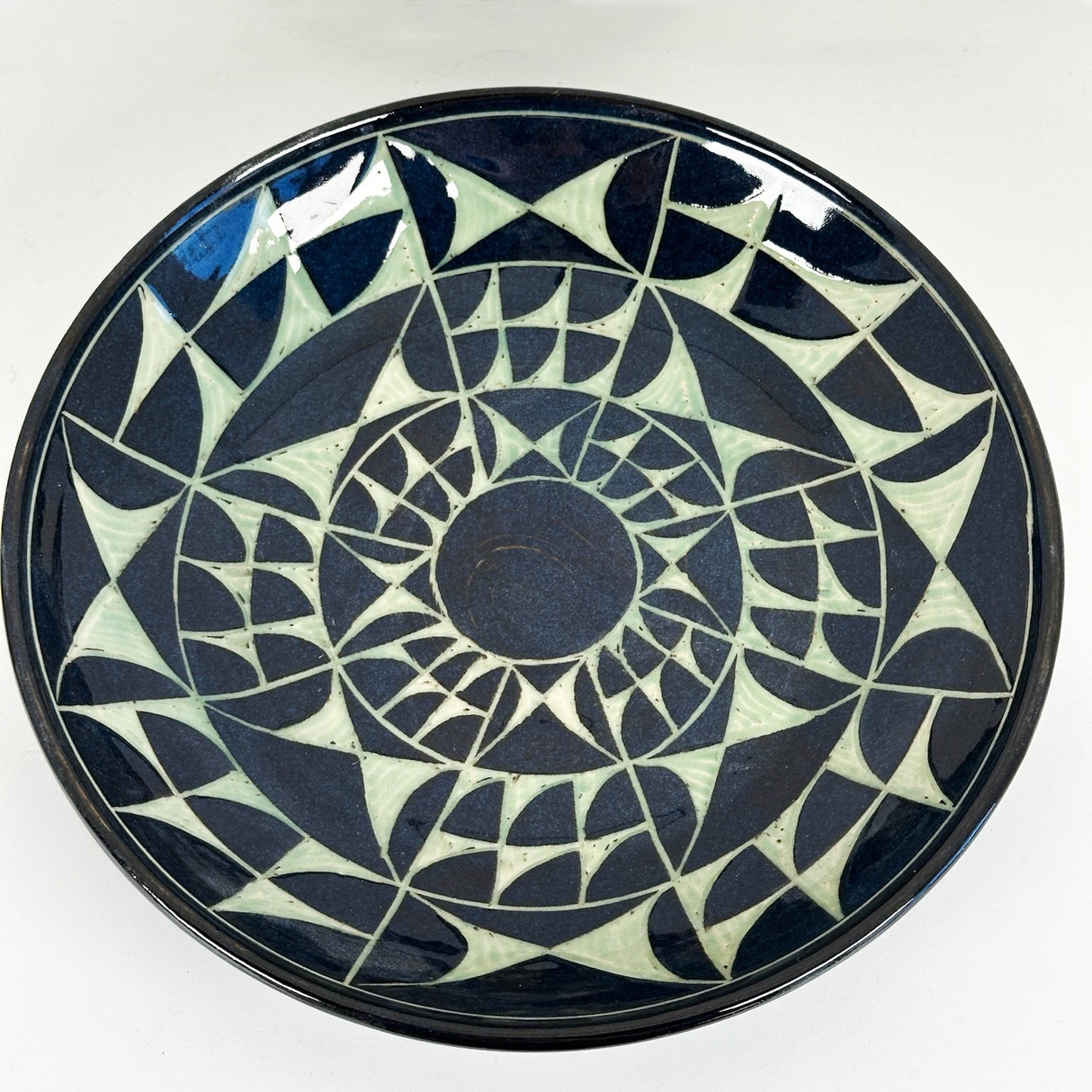 Green & Black Geometric Shallow Plate | Cindy Walker Davidson