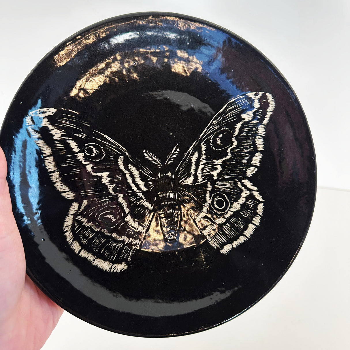 Small Inky Black Carved Moth Plate | Cindy Walker Davidson
