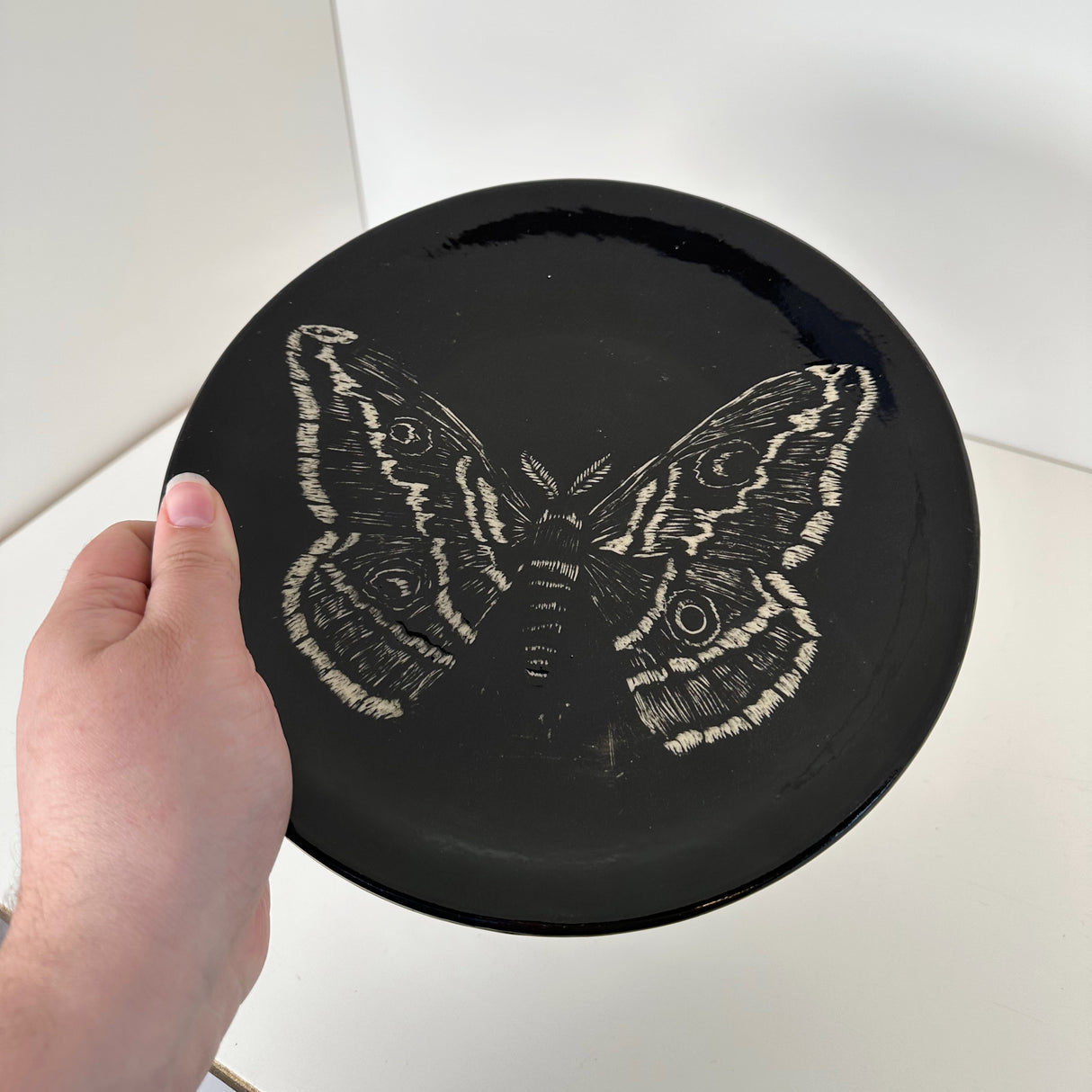 Small Inky Black Carved Moth Plate | Cindy Walker Davidson