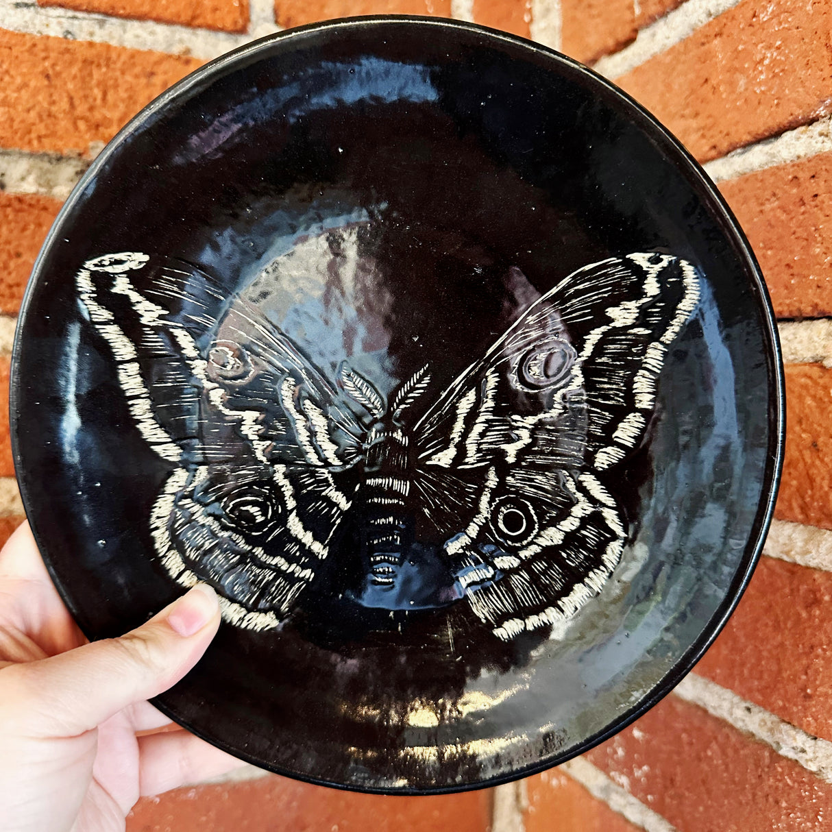 Small Inky Black Carved Moth Plate | Cindy Walker Davidson