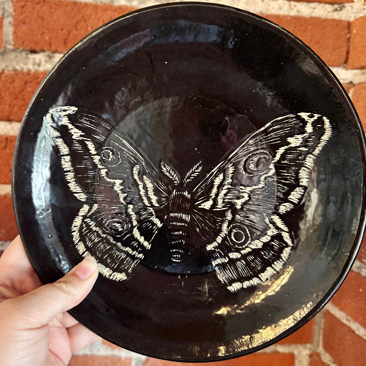 Small Inky Black Carved Moth Plate | Cindy Walker Davidson