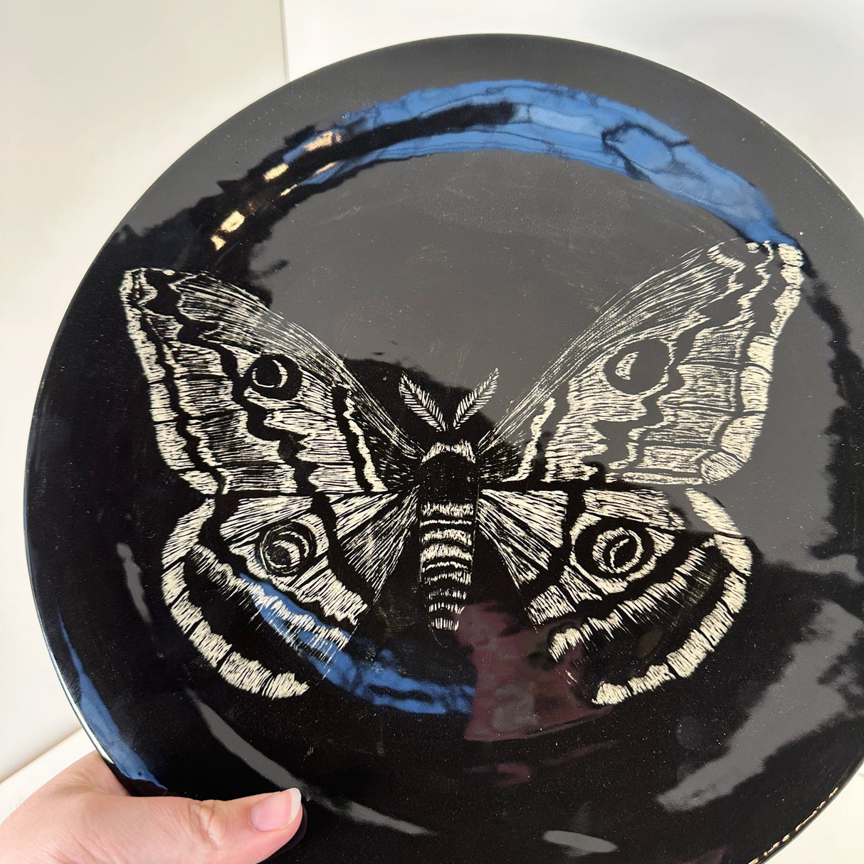 Large Inky Black Carved Moth Plate | Cindy Walker Davidson