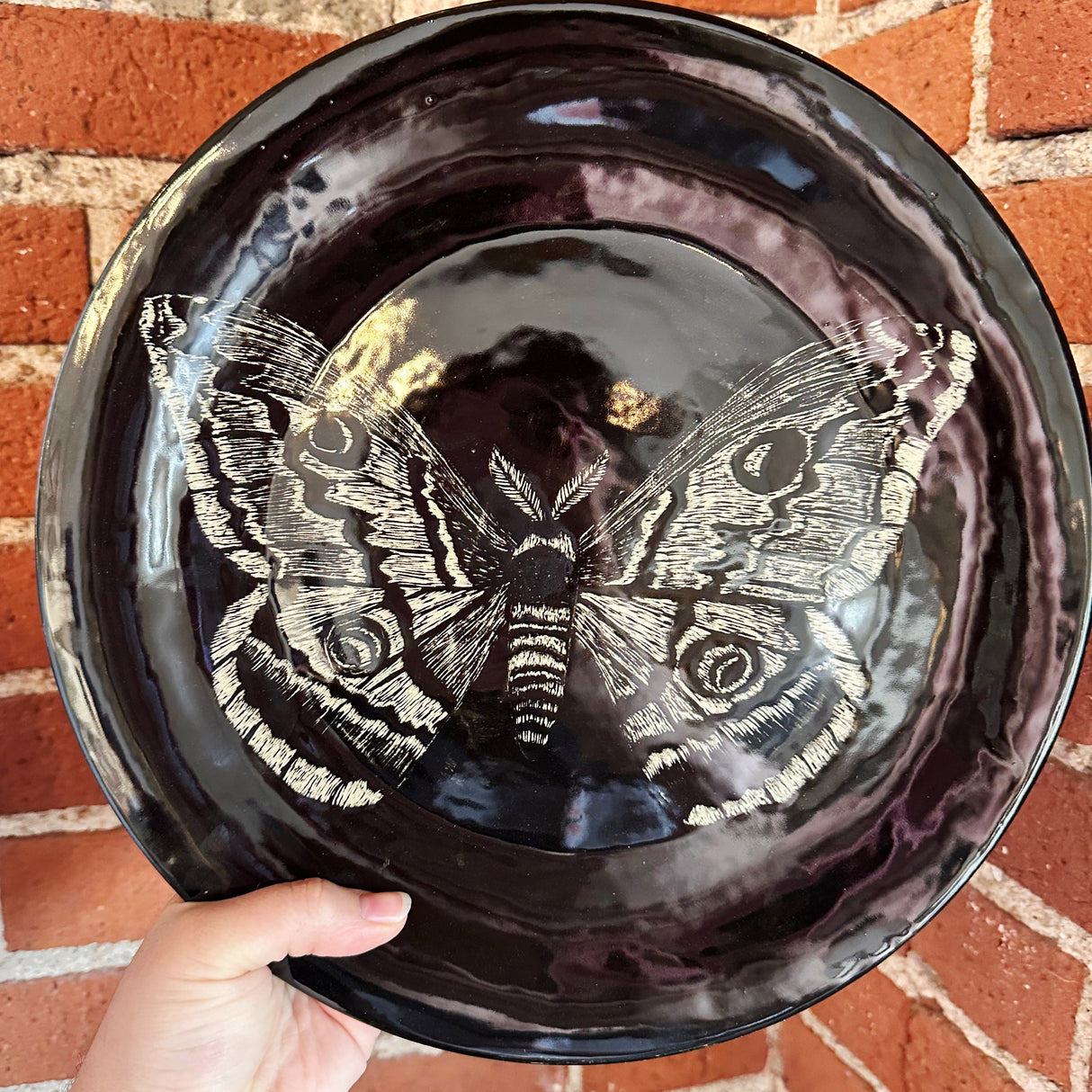 Large Inky Black Carved Moth Plate | Cindy Walker Davidson