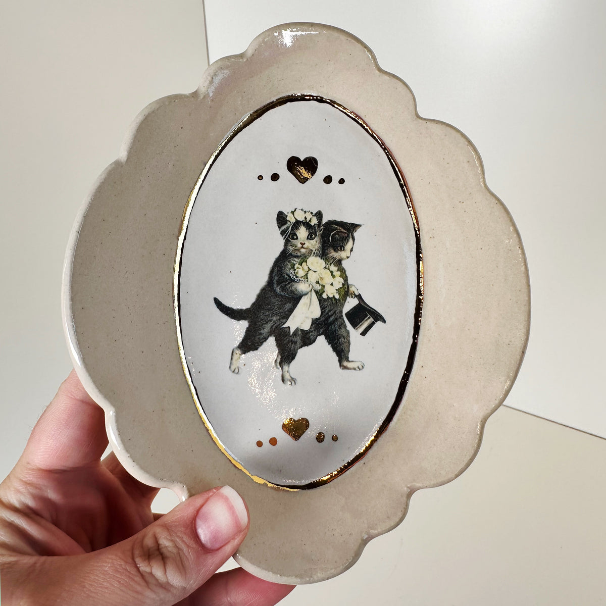Stoneware Wedding Cats Oval Dish- featuring vintage artwork | Jessica Walker