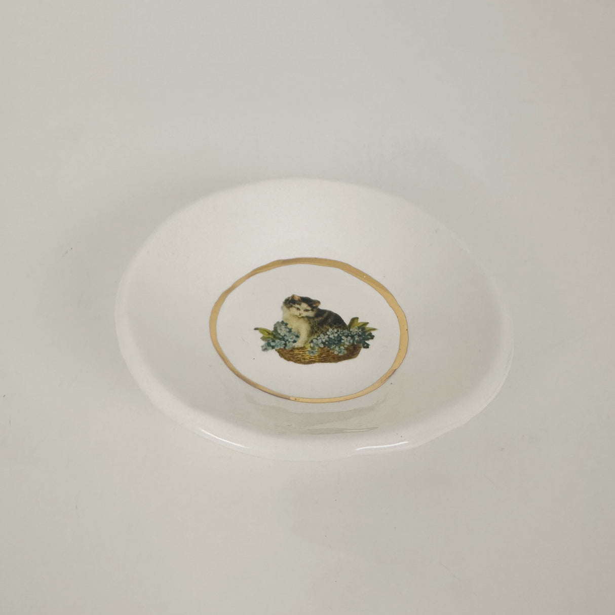 White Dish Featuring Vintage Artwork- Cat in a Basket | Jessica Walker