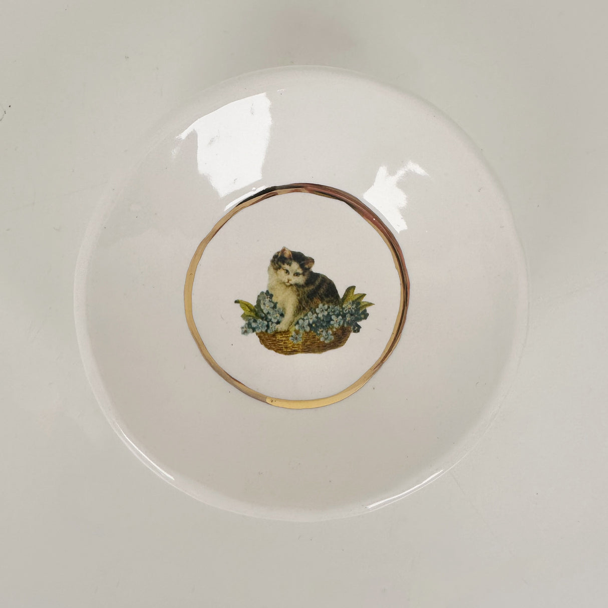 White Dish Featuring Vintage Artwork- Cat in a Basket | Jessica Walker