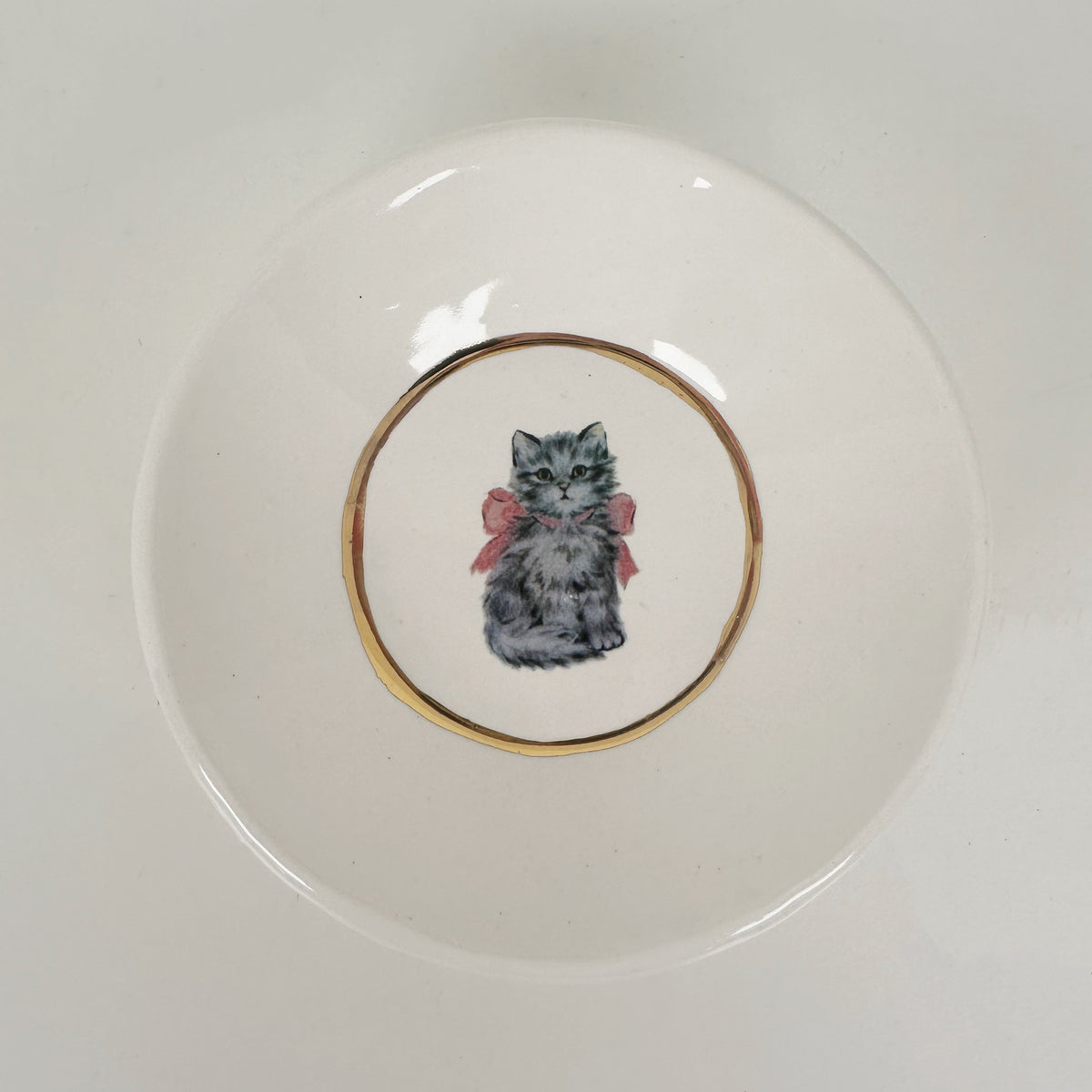 White Dish Featuring Vintage Artwork- Cat with Pink Bow | Jessica Walker