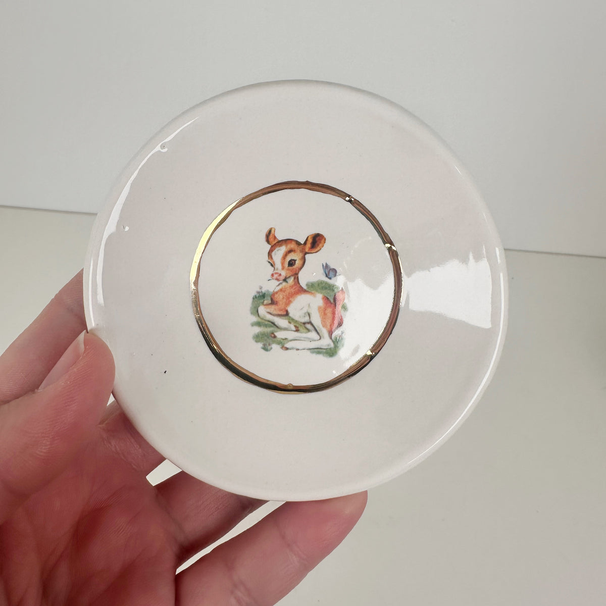White Dish Featuring Vintage Artwork & Hook for Hanging - Baby Cow | Jessica Walker