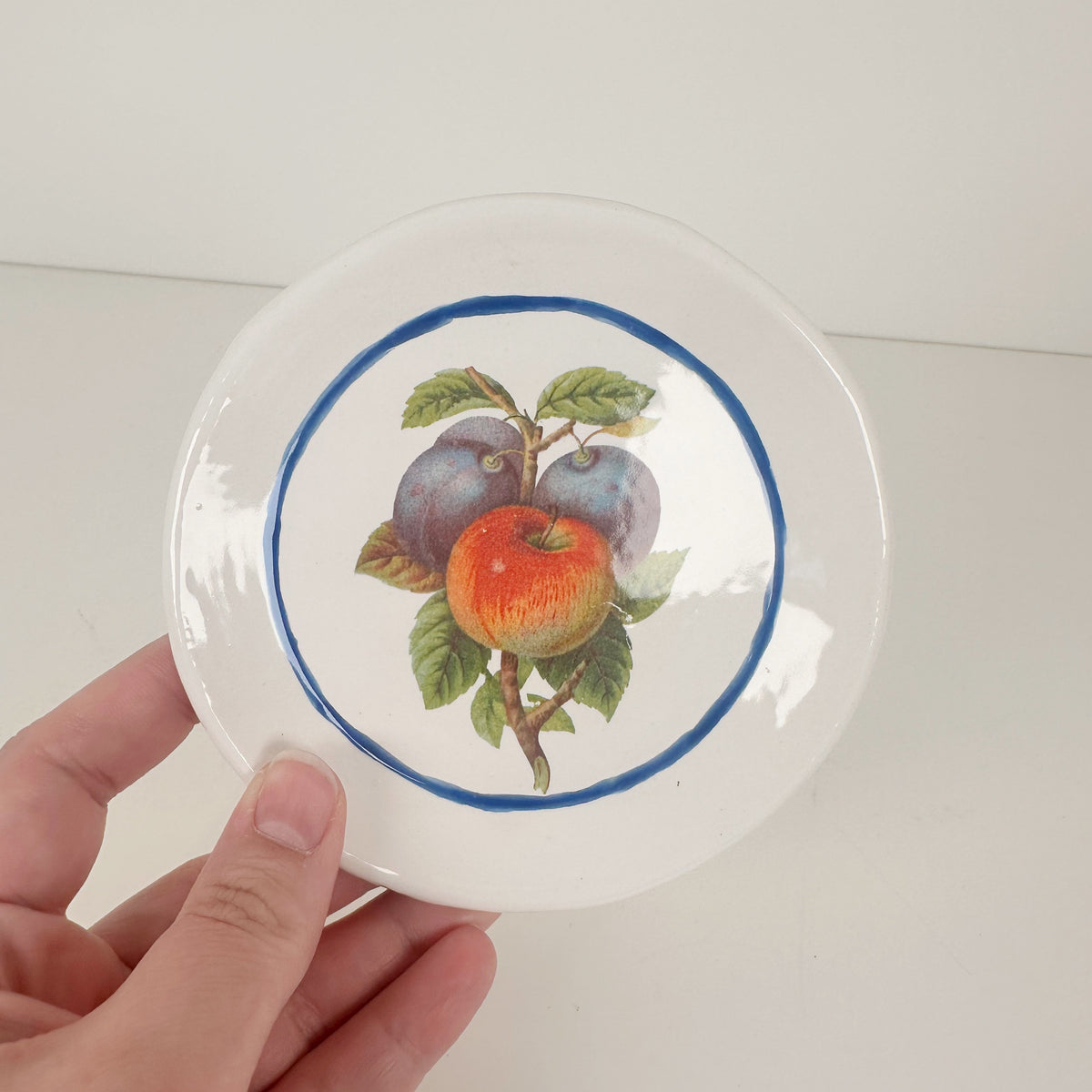 White Dish Featuring Vintage Artwork & Hook for Hanging - Apples & Plums | Jessica Walker