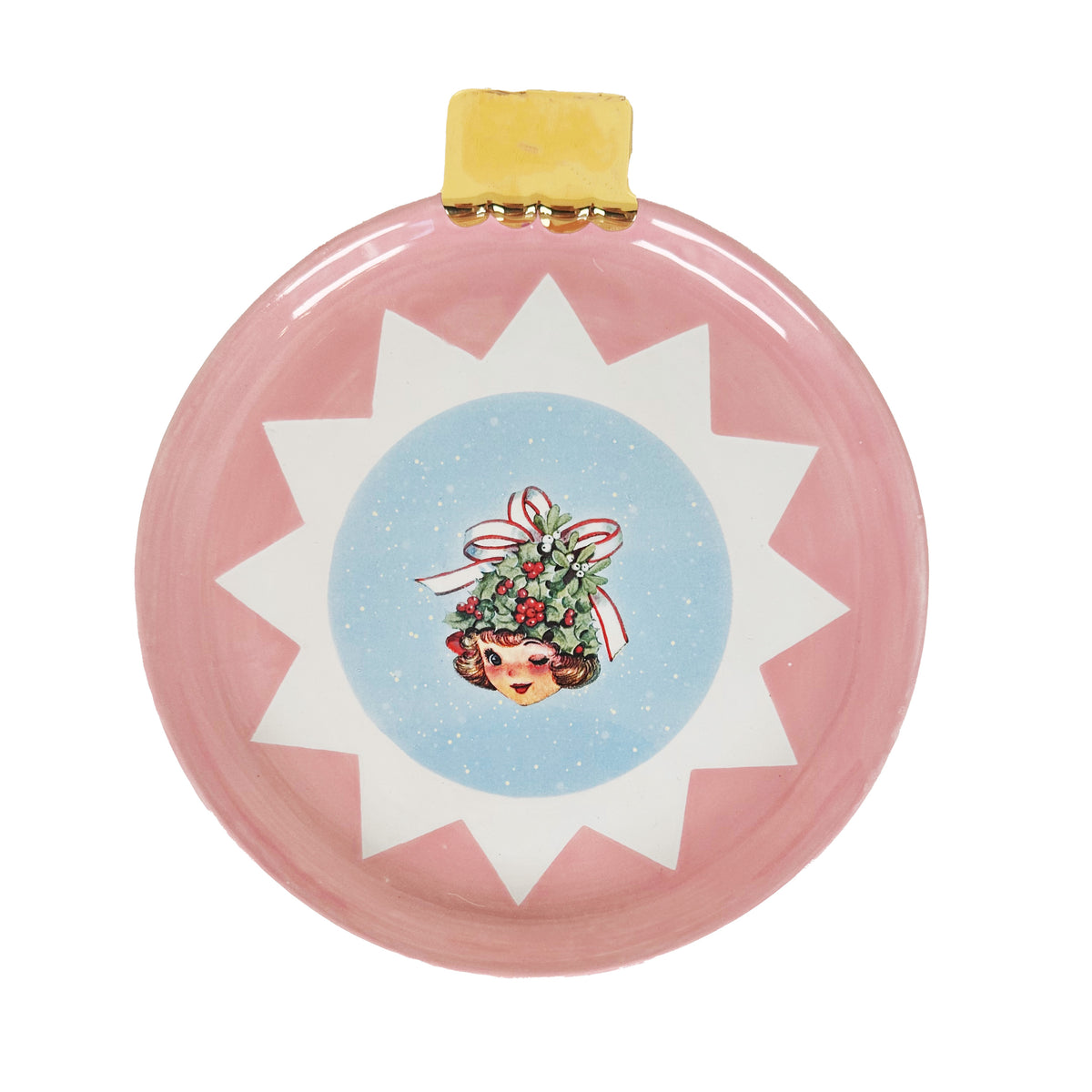 Ornament Plate Featuring Vintage Artwork and 22k Gold Accents- Pink Christmas Tree Girl