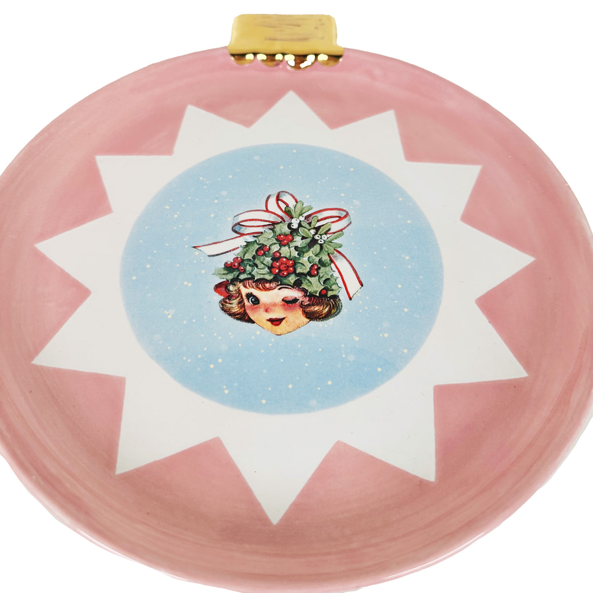 Ornament Plate Featuring Vintage Artwork and 22k Gold Accents- Pink Christmas Tree Girl