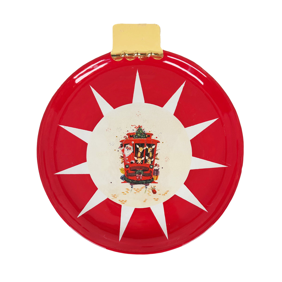 Ornament Plate Featuring Vintage Artwork and 22k Gold Accents- Red Santa Claus Tram Car