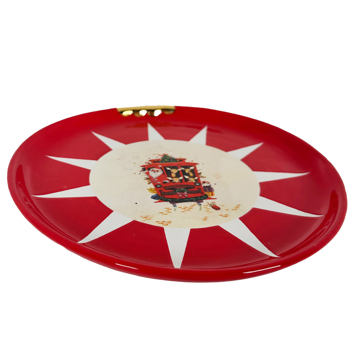 Ornament Plate Featuring Vintage Artwork and 22k Gold Accents- Red Santa Claus Tram Car