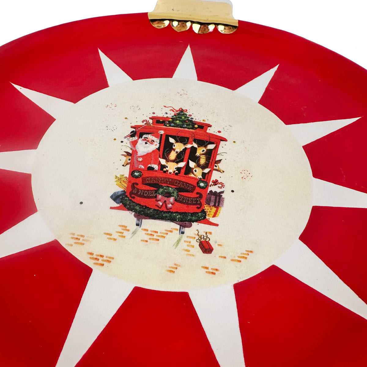 Ornament Plate Featuring Vintage Artwork and 22k Gold Accents- Red Santa Claus Tram Car