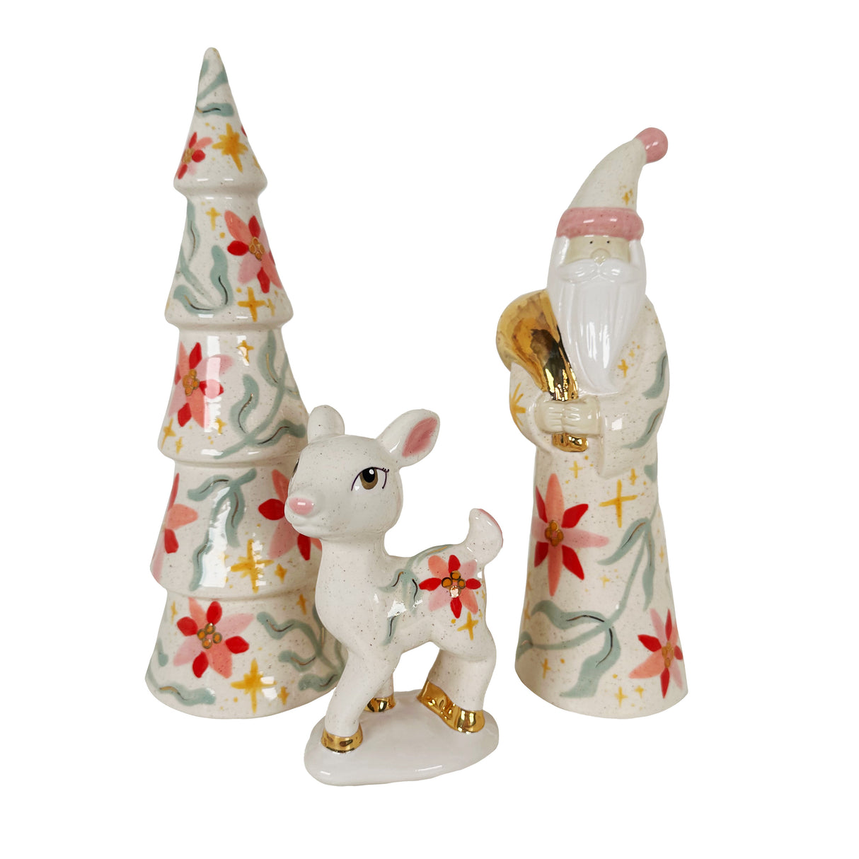 LIMITED EDITION! Handpainted Sparkling Poinsettia and Fern Three Piece Set Featuring 22k Gold