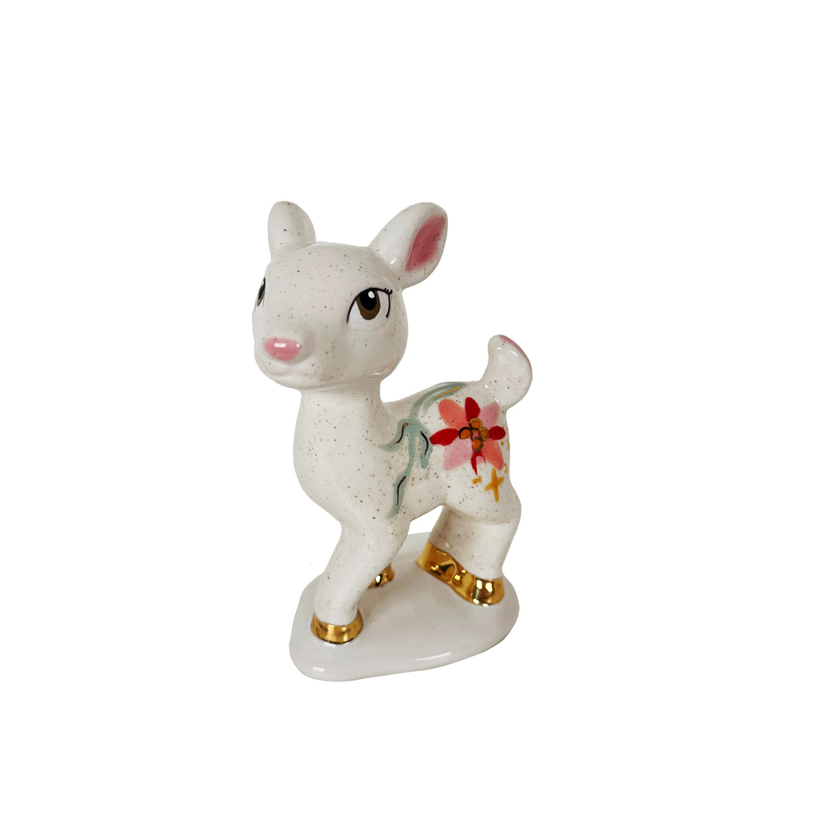 LIMITED EDITION! Handpainted Sparkling Poinsettia and Fern Retro Reindeer Featuring 22k Gold