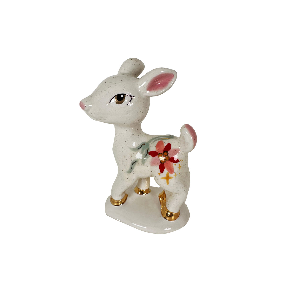 LIMITED EDITION! Handpainted Sparkling Poinsettia and Fern Retro Reindeer Featuring 22k Gold