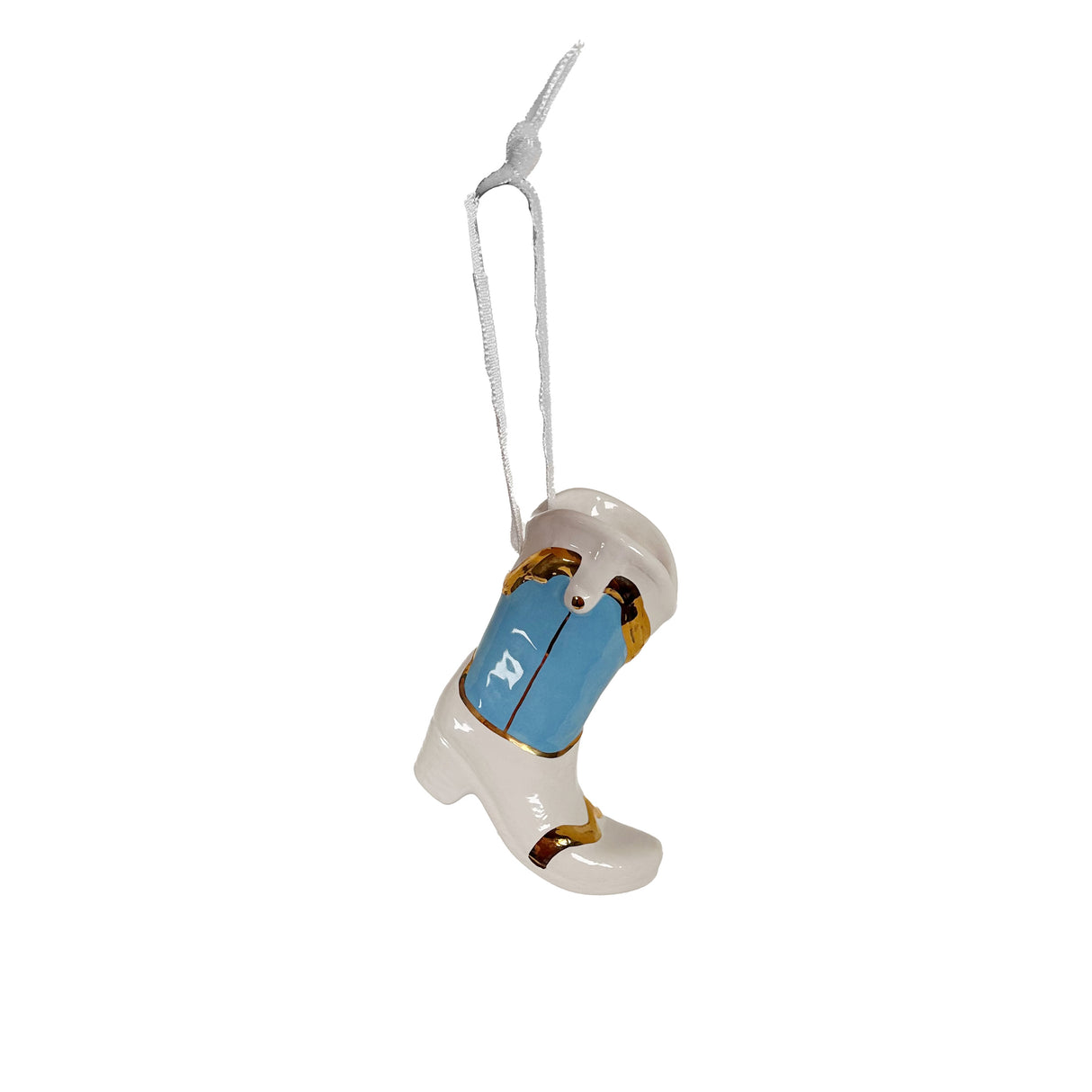 Mini Cowboy Boot Ornament with 22k Gold Details- Snowflake White & Sky Blue