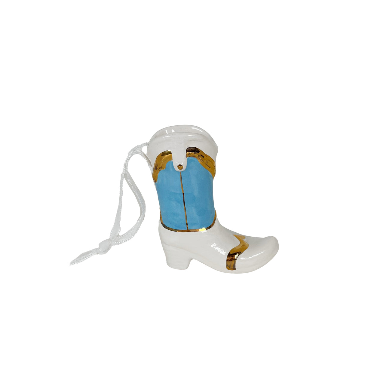 Mini Cowboy Boot Ornament with 22k Gold Details- Snowflake White & Sky Blue