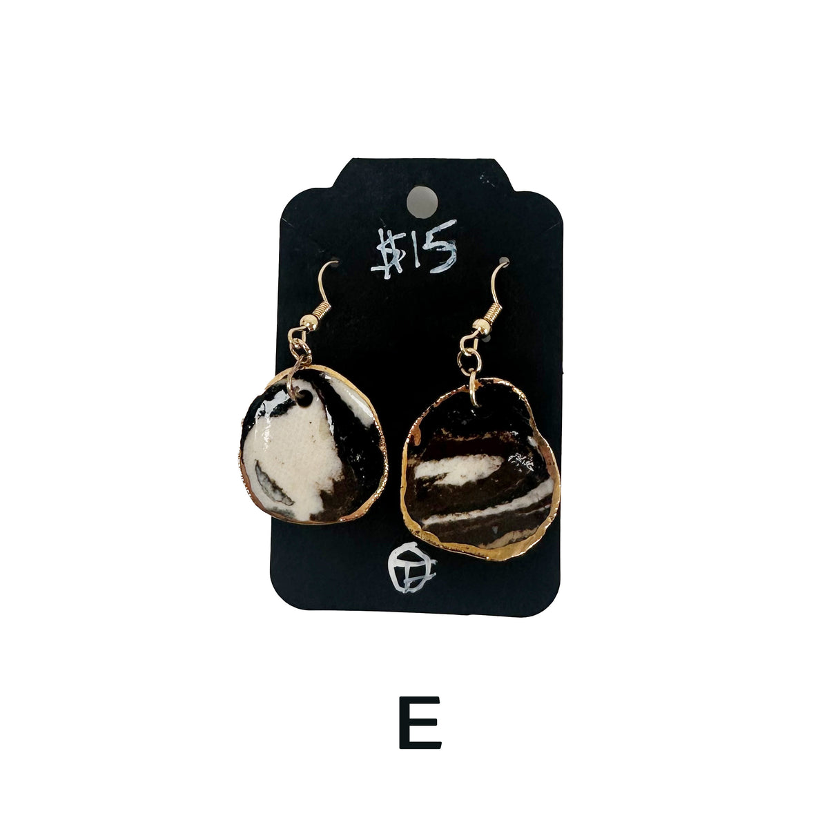 Black & White Marbled Ceramic Earrings Featuring Gold Accents- Multiple Shapes & Styles Available