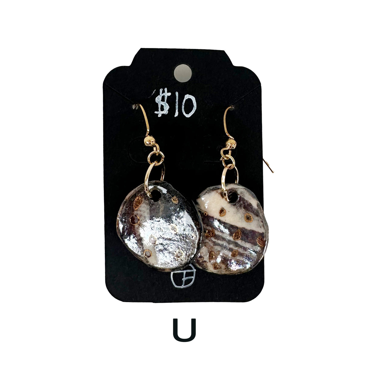 Black & White Marbled Ceramic Earrings Featuring Gold Accents- Multiple Shapes & Styles Available